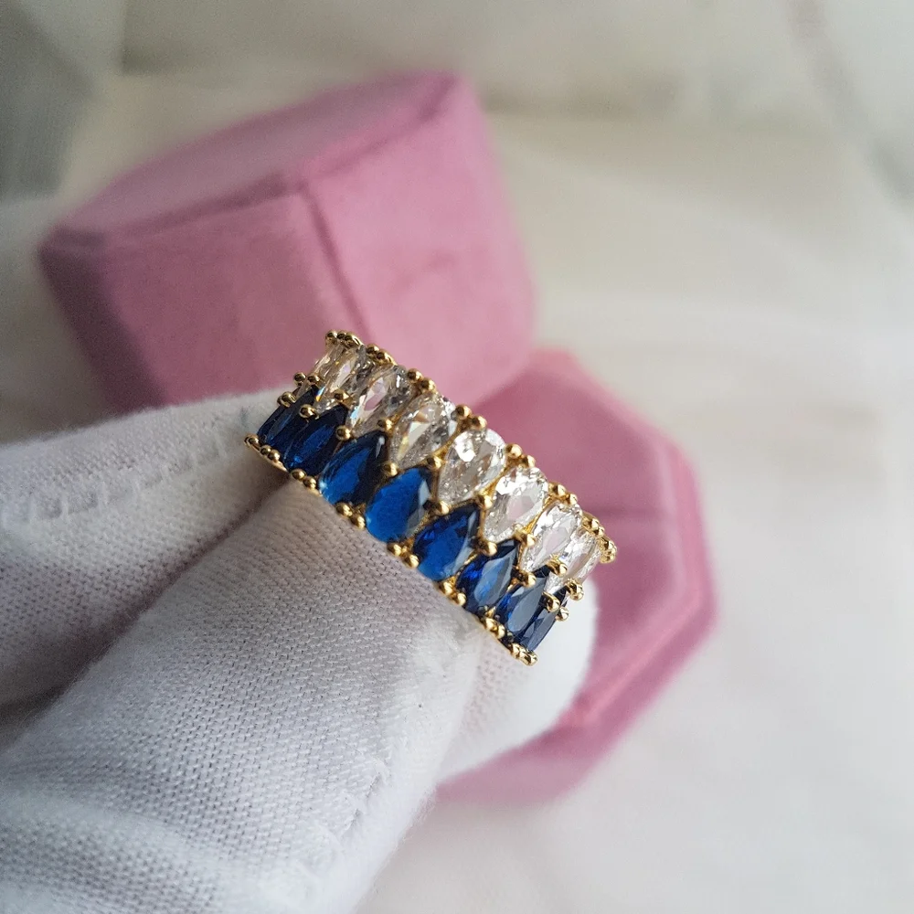 Swarovski Elements Gold Clear & Royal Blue Teardrop Eternity Band Ring NEW